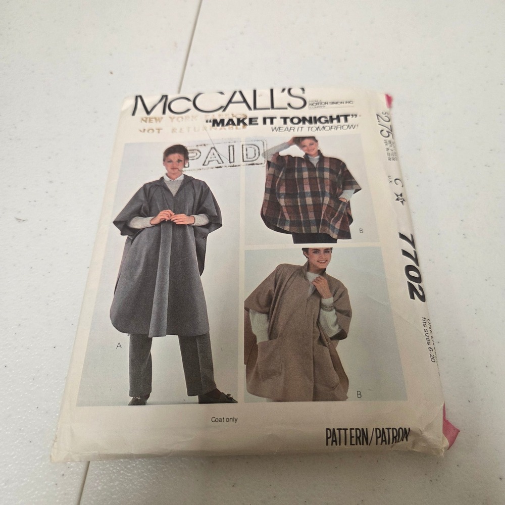 Vintage 1981 McCalls 7702 Misses Poncho Sewing Pattern Sizes 6-20 Hooded Cape